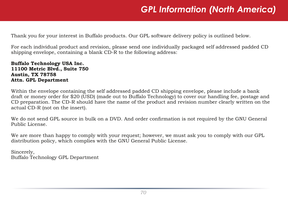 Gpl information (north america) | Buffalo Technology LinkStation Pro Duo LS-WTGL/R1 User Manual | Page 70 / 71