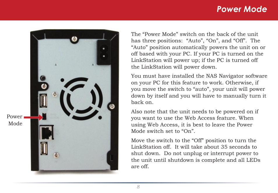 Power mode | Buffalo Technology LinkStation Pro Duo LS-WTGL/R1 User Manual | Page 8 / 71