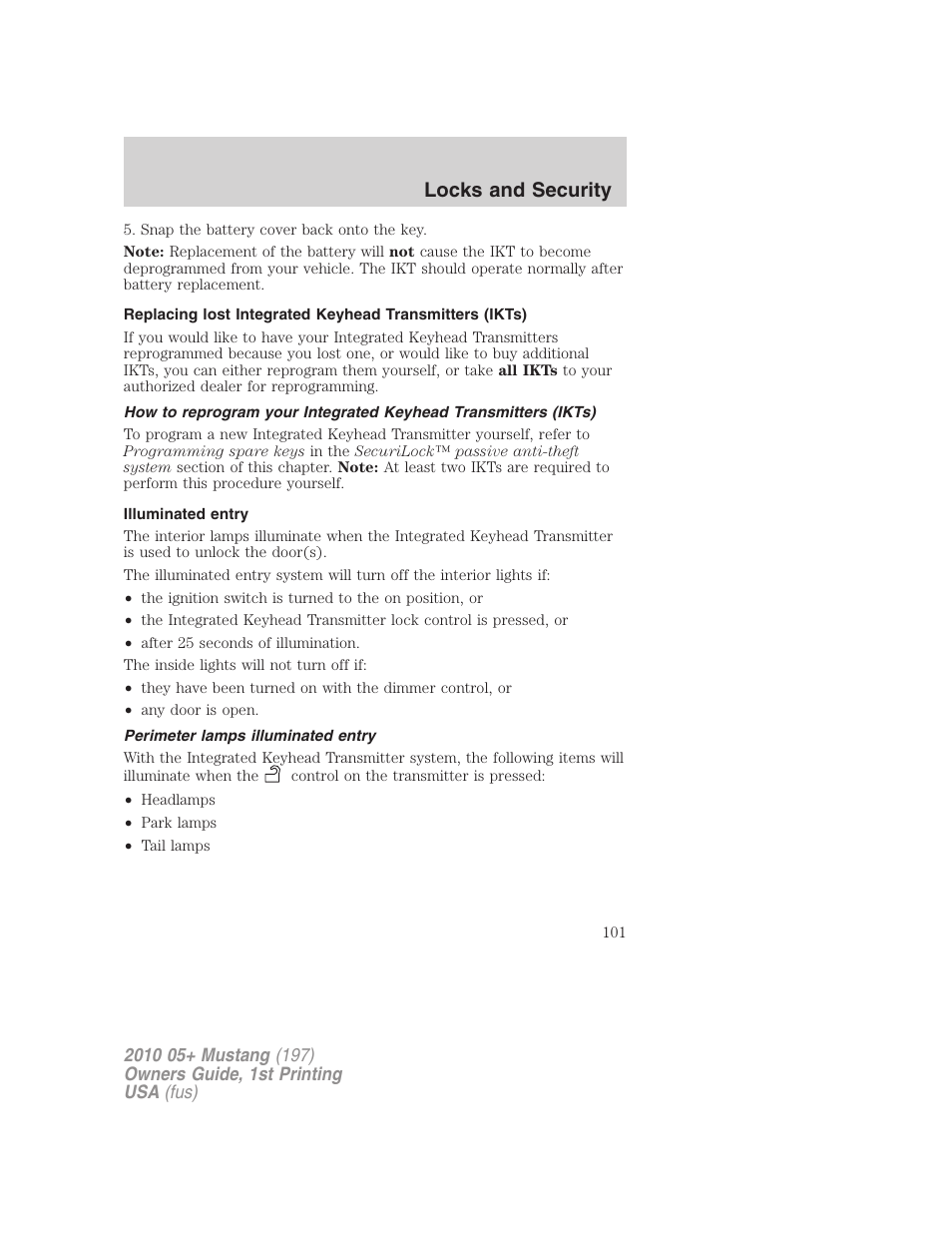 Illuminated entry, Perimeter lamps illuminated entry, Locks and security | FORD 2010 Mustang v.1 User Manual | Page 101 / 318