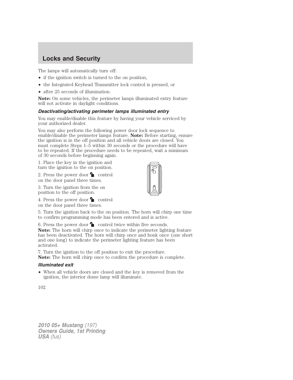 Illuminated exit, Locks and security | FORD 2010 Mustang v.1 User Manual | Page 102 / 318