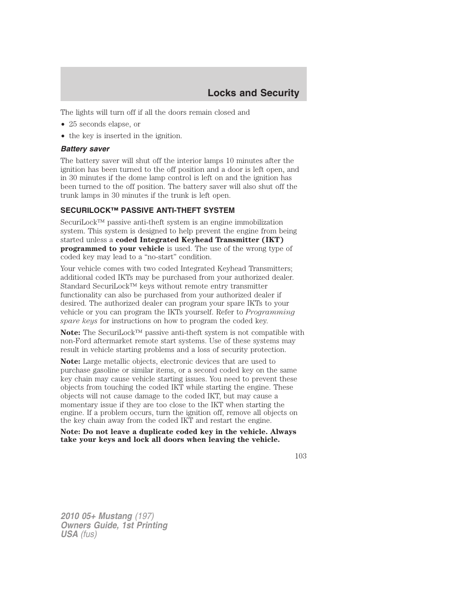Battery saver, Securilock™ passive anti-theft system, Anti-theft system | Locks and security | FORD 2010 Mustang v.1 User Manual | Page 103 / 318