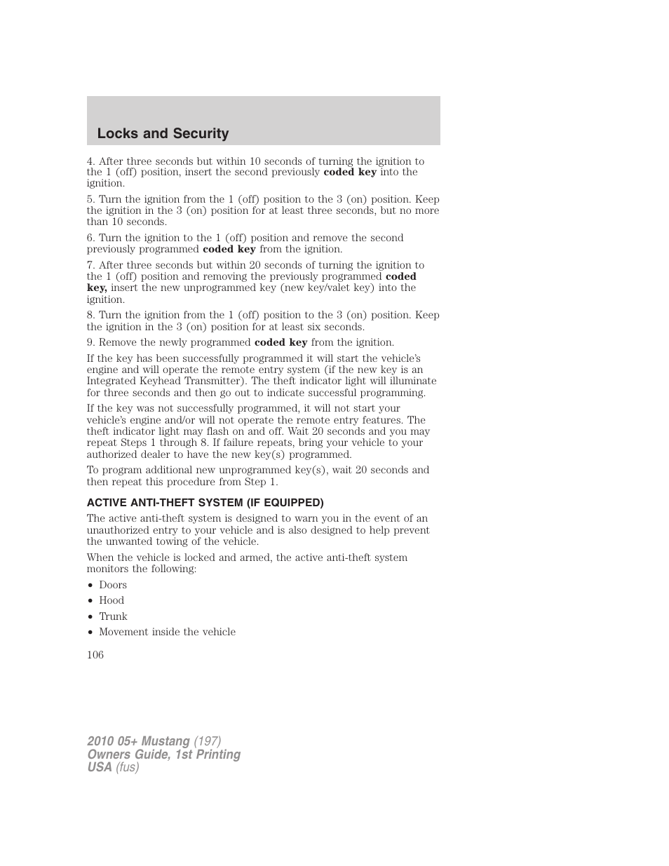 Active anti-theft system (if equipped), Locks and security | FORD 2010 Mustang v.1 User Manual | Page 106 / 318