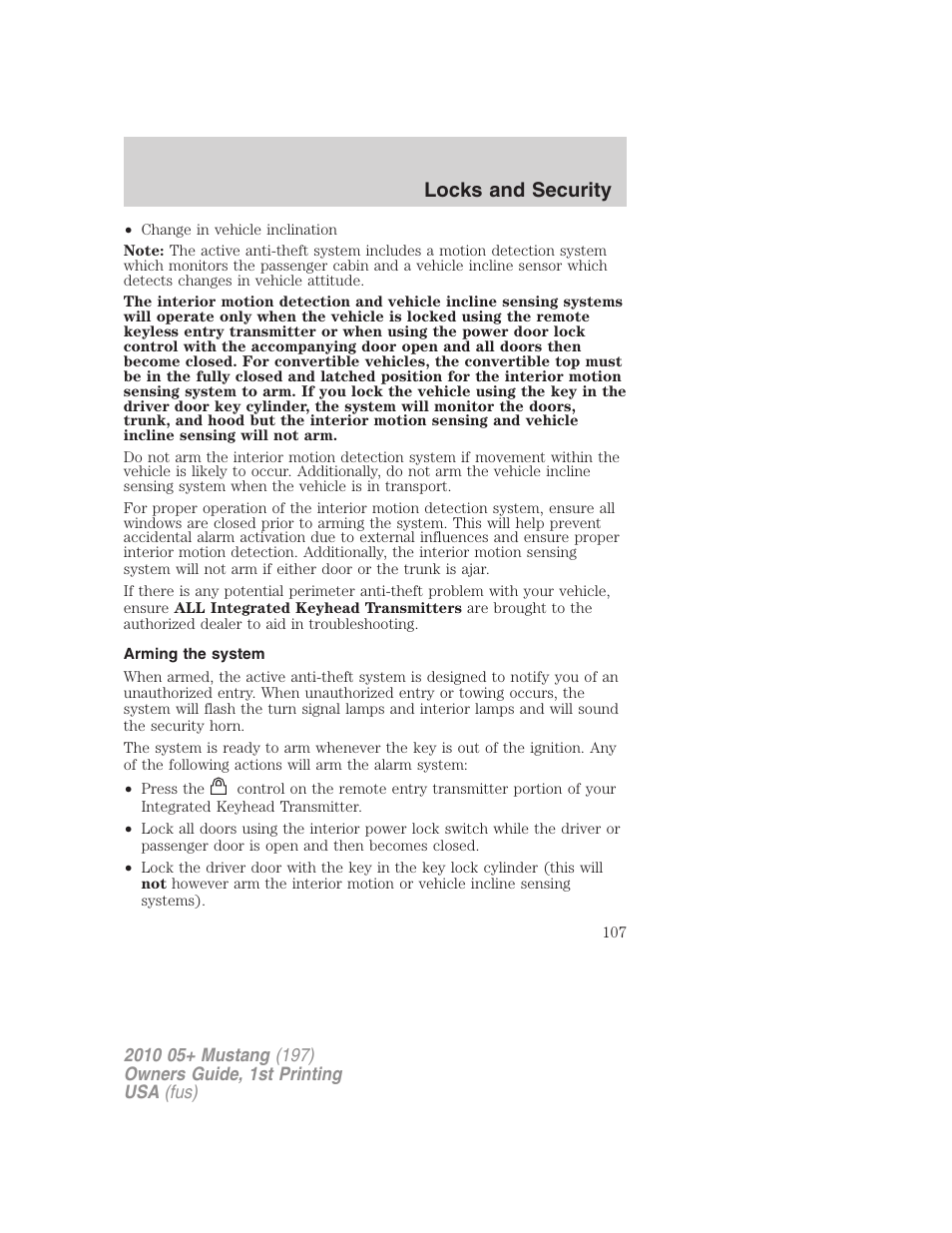 Arming the system, Locks and security | FORD 2010 Mustang v.1 User Manual | Page 107 / 318