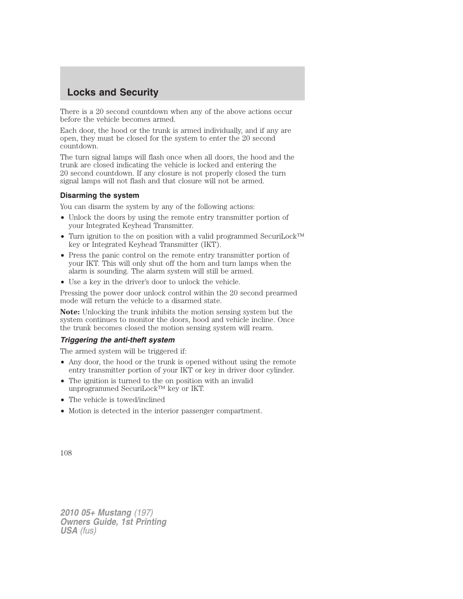 Disarming the system, Triggering the anti-theft system, Locks and security | FORD 2010 Mustang v.1 User Manual | Page 108 / 318