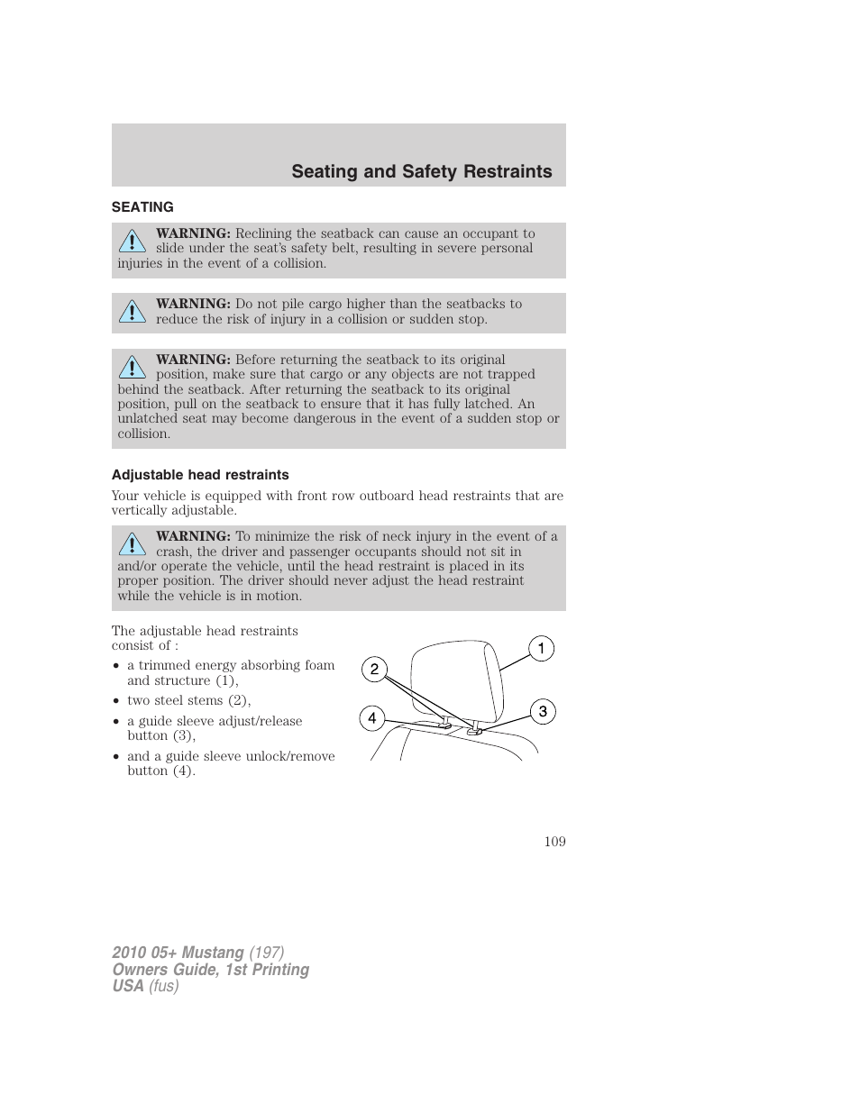 Seating and safety restraints, Seating, Adjustable head restraints | FORD 2010 Mustang v.1 User Manual | Page 109 / 318