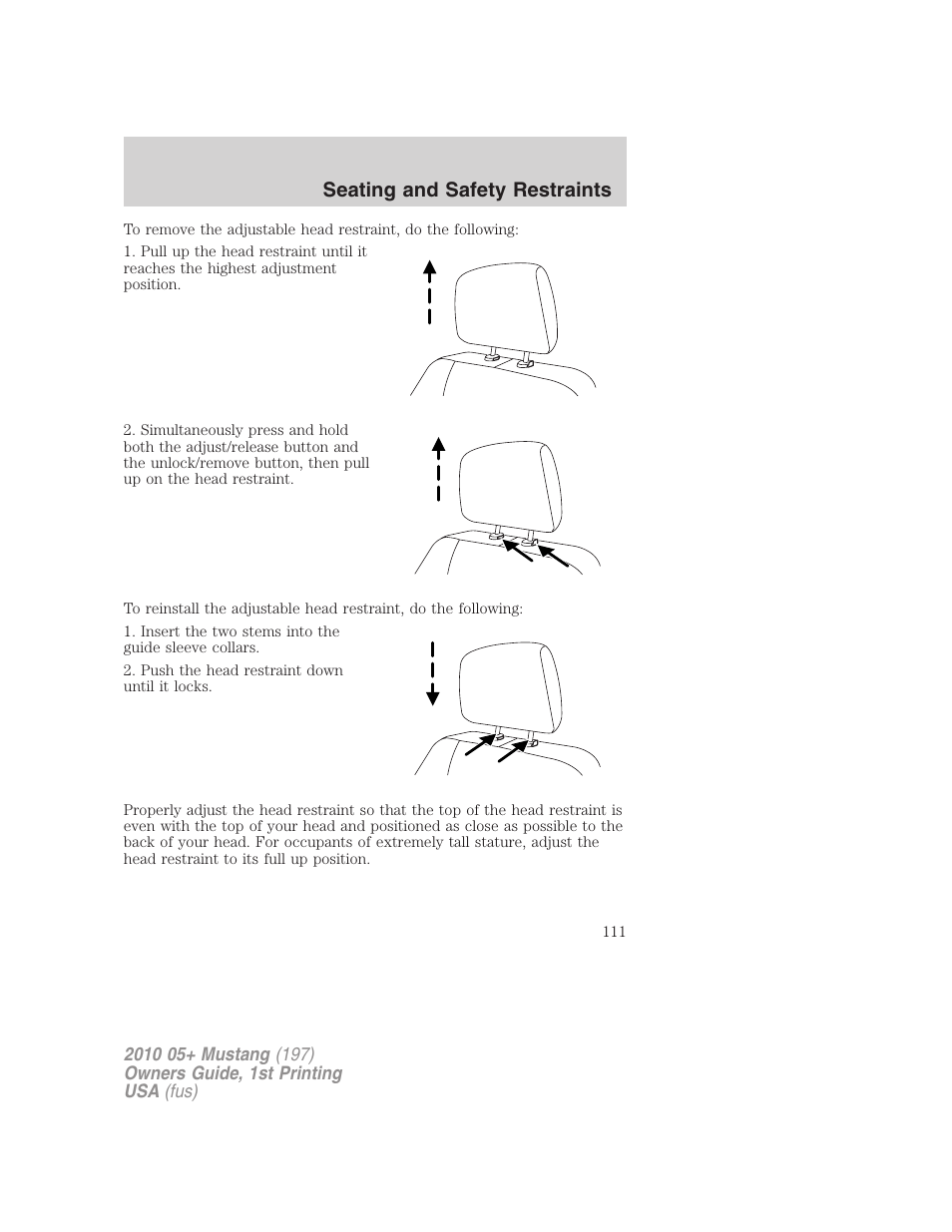 Seating and safety restraints | FORD 2010 Mustang v.1 User Manual | Page 111 / 318