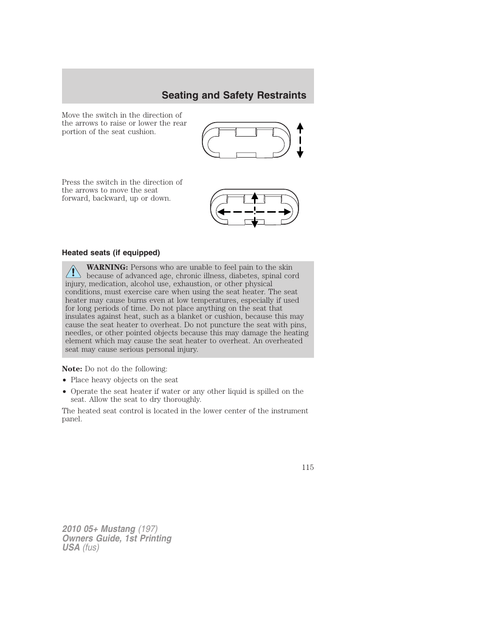 Heated seats (if equipped), Seating and safety restraints | FORD 2010 Mustang v.1 User Manual | Page 115 / 318
