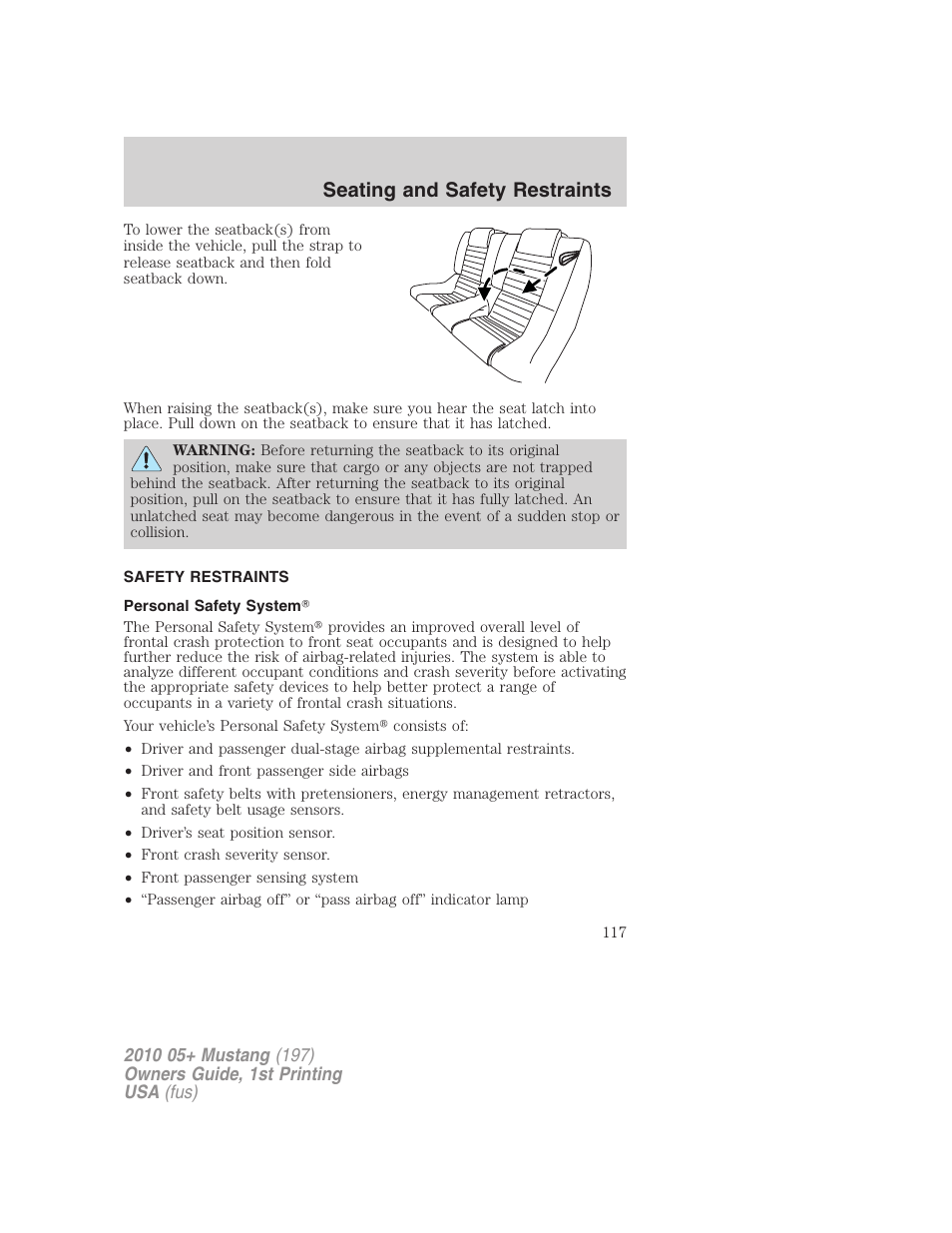 Safety restraints, Personal safety system, Seating and safety restraints | FORD 2010 Mustang v.1 User Manual | Page 117 / 318