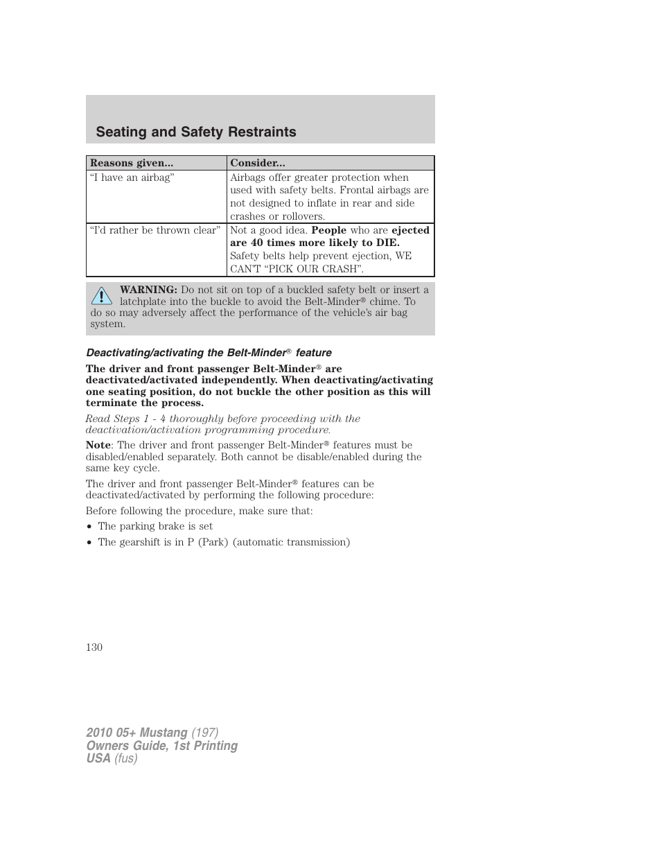 Seating and safety restraints | FORD 2010 Mustang v.1 User Manual | Page 130 / 318