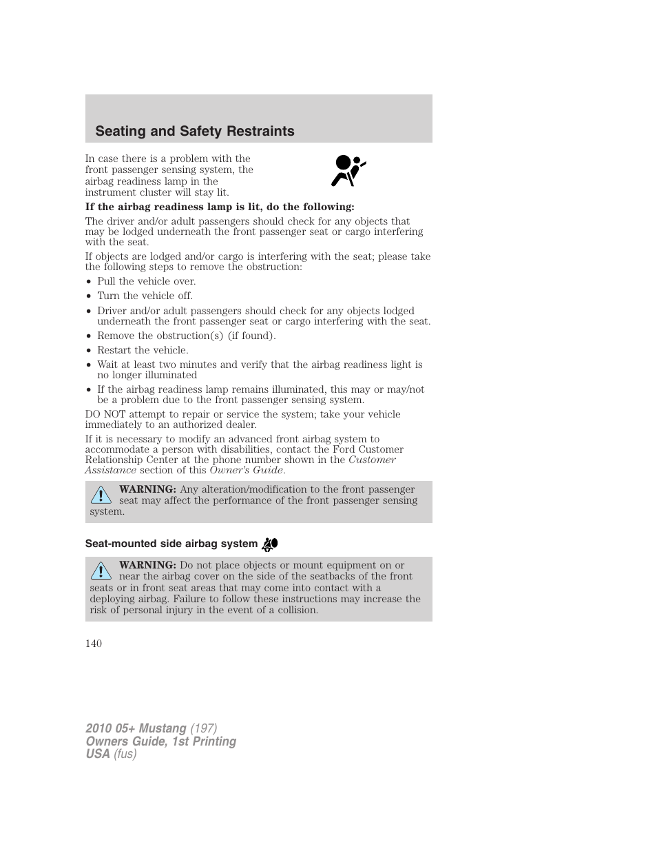 Seat-mounted side airbag system, Seating and safety restraints | FORD 2010 Mustang v.1 User Manual | Page 140 / 318