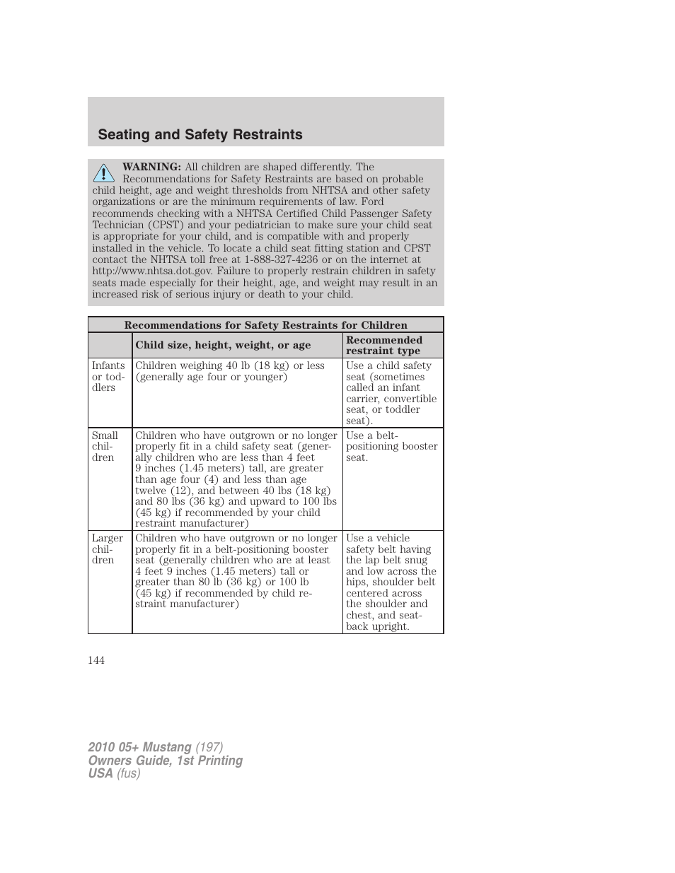 Seating and safety restraints | FORD 2010 Mustang v.1 User Manual | Page 144 / 318