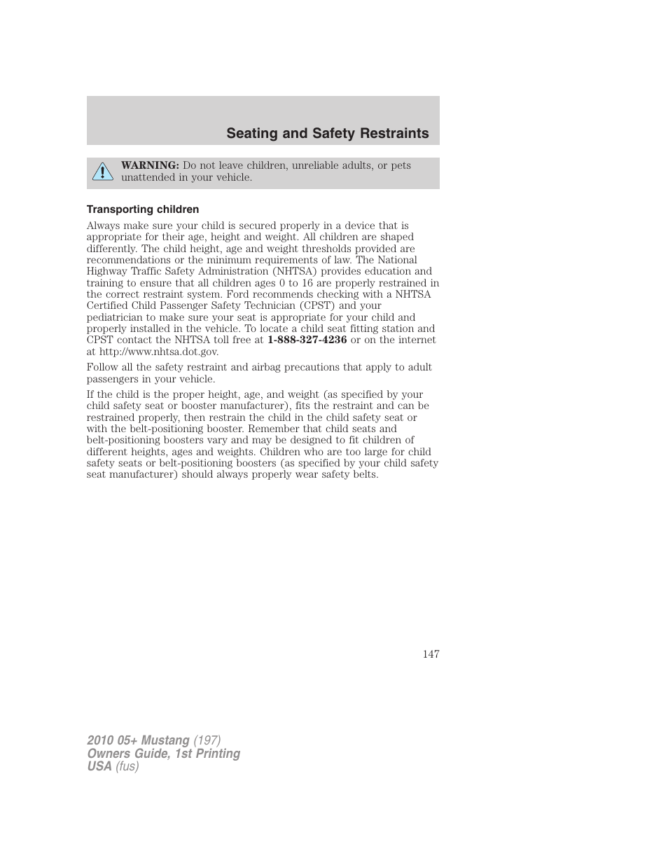 Transporting children, Seating and safety restraints | FORD 2010 Mustang v.1 User Manual | Page 147 / 318