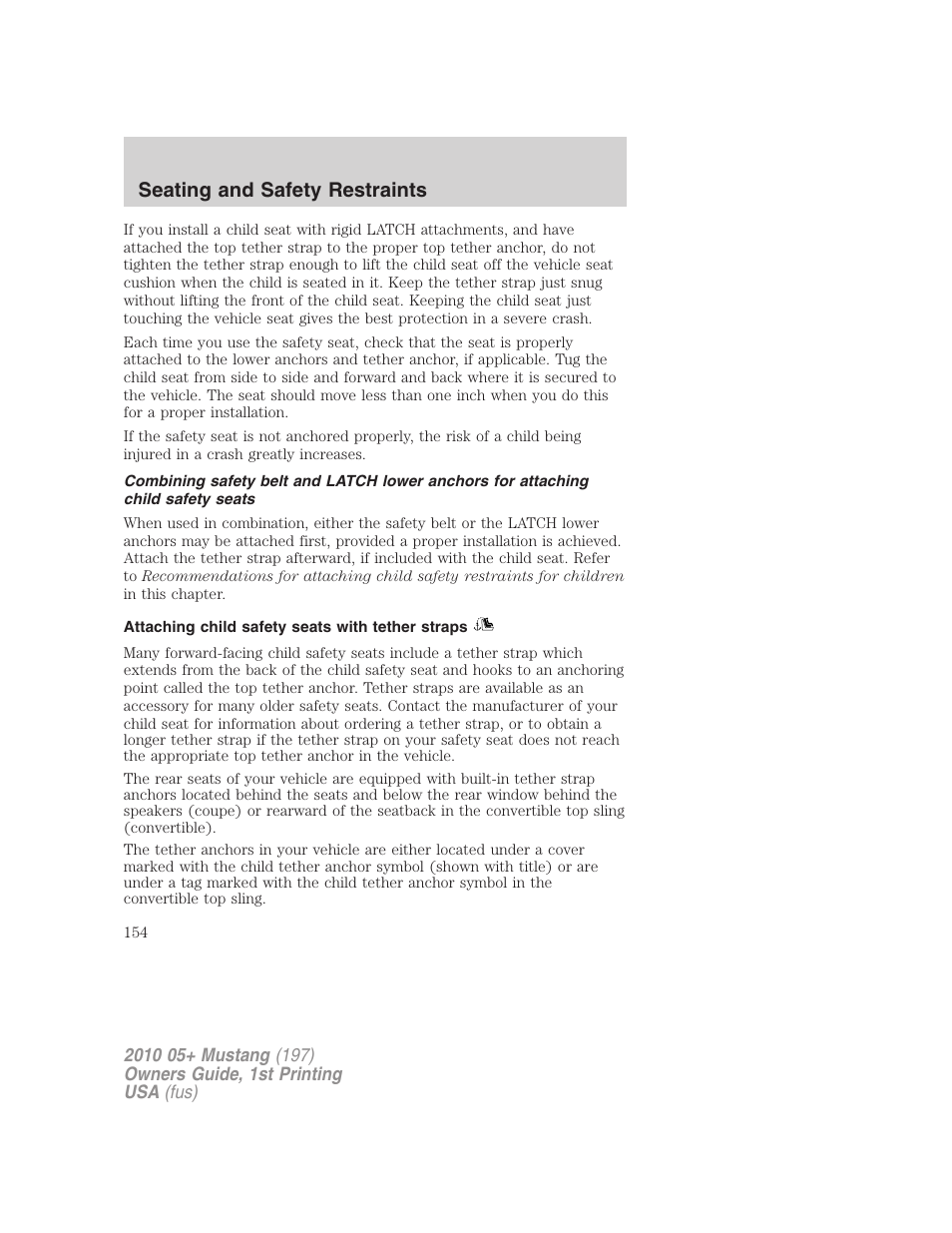 Attaching child safety seats with tether straps, Seating and safety restraints | FORD 2010 Mustang v.1 User Manual | Page 154 / 318