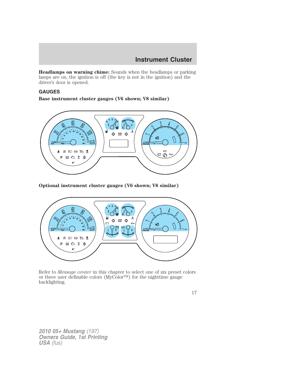 Gauges, Instrument cluster | FORD 2010 Mustang v.1 User Manual | Page 17 / 318