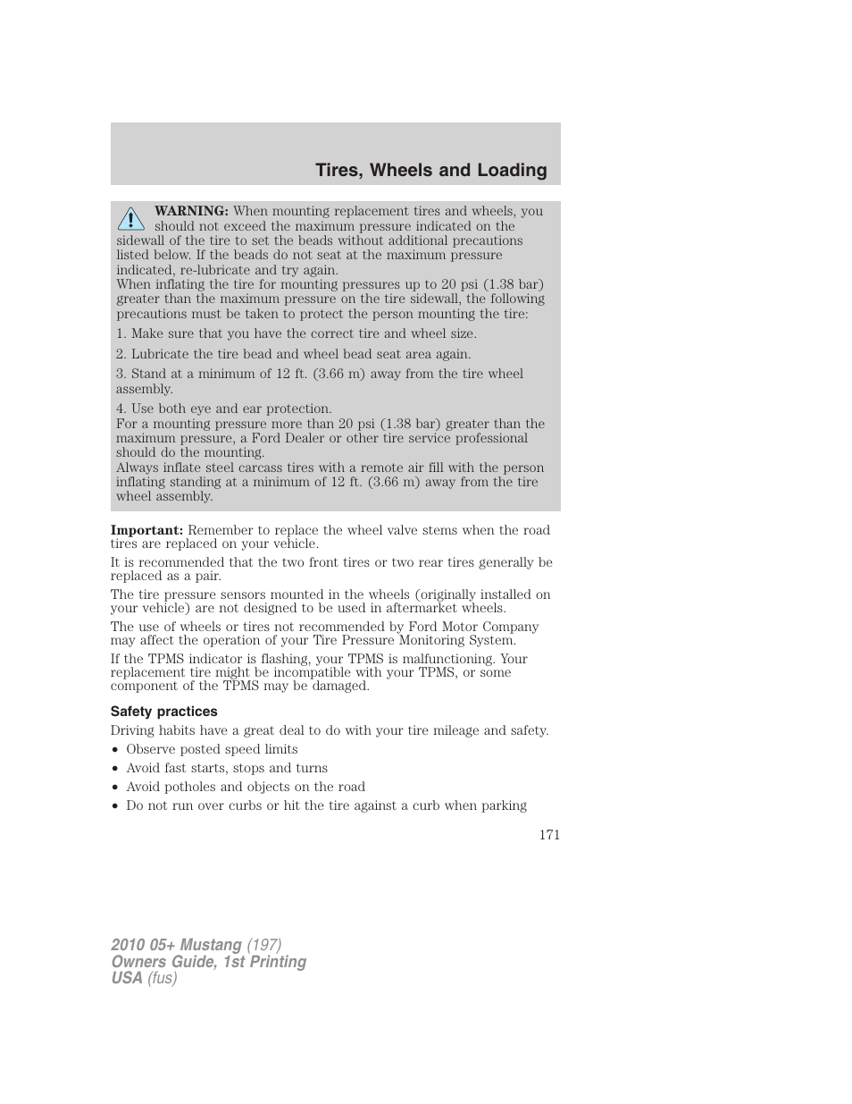 Safety practices, Tires, wheels and loading | FORD 2010 Mustang v.1 User Manual | Page 171 / 318