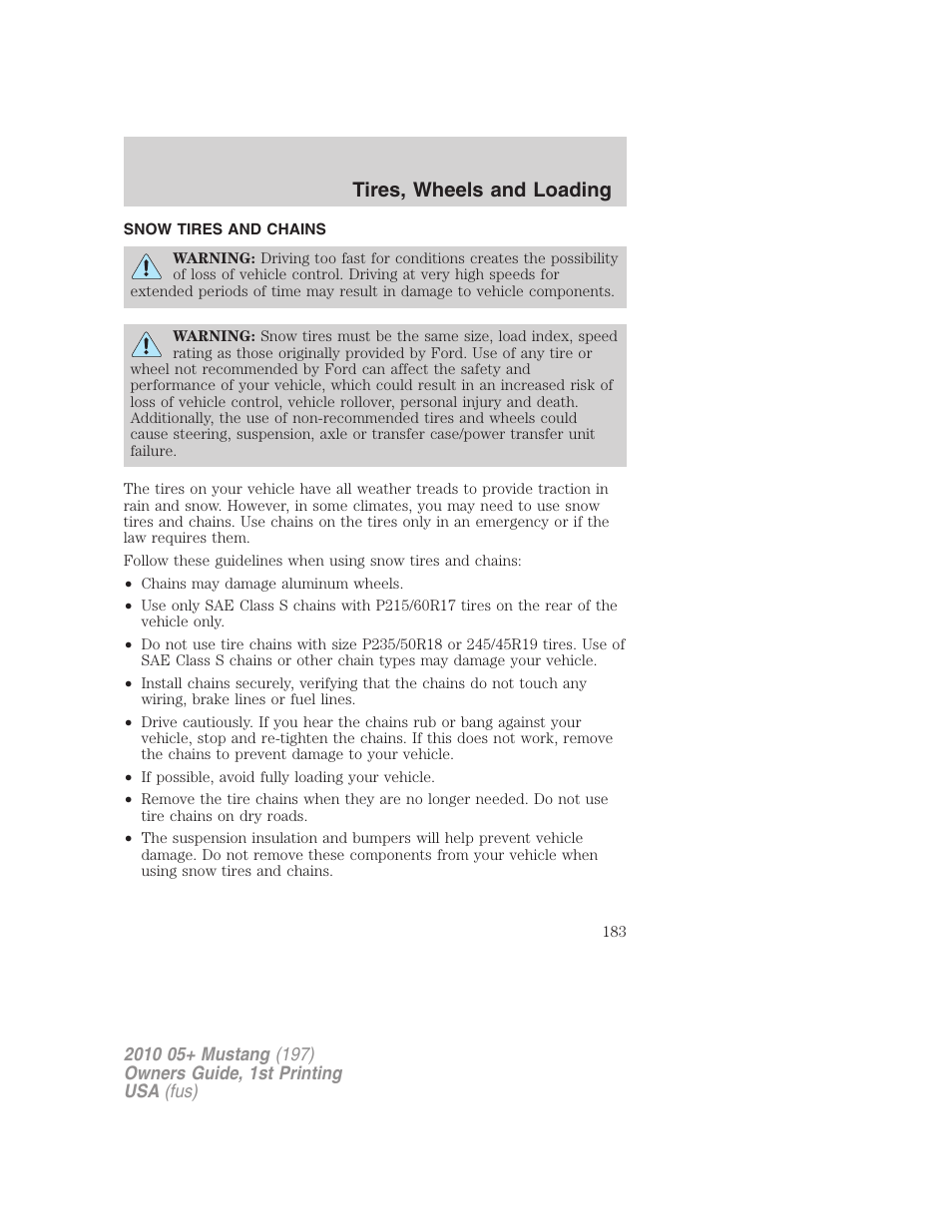 Snow tires and chains, Tires, wheels and loading | FORD 2010 Mustang v.1 User Manual | Page 183 / 318