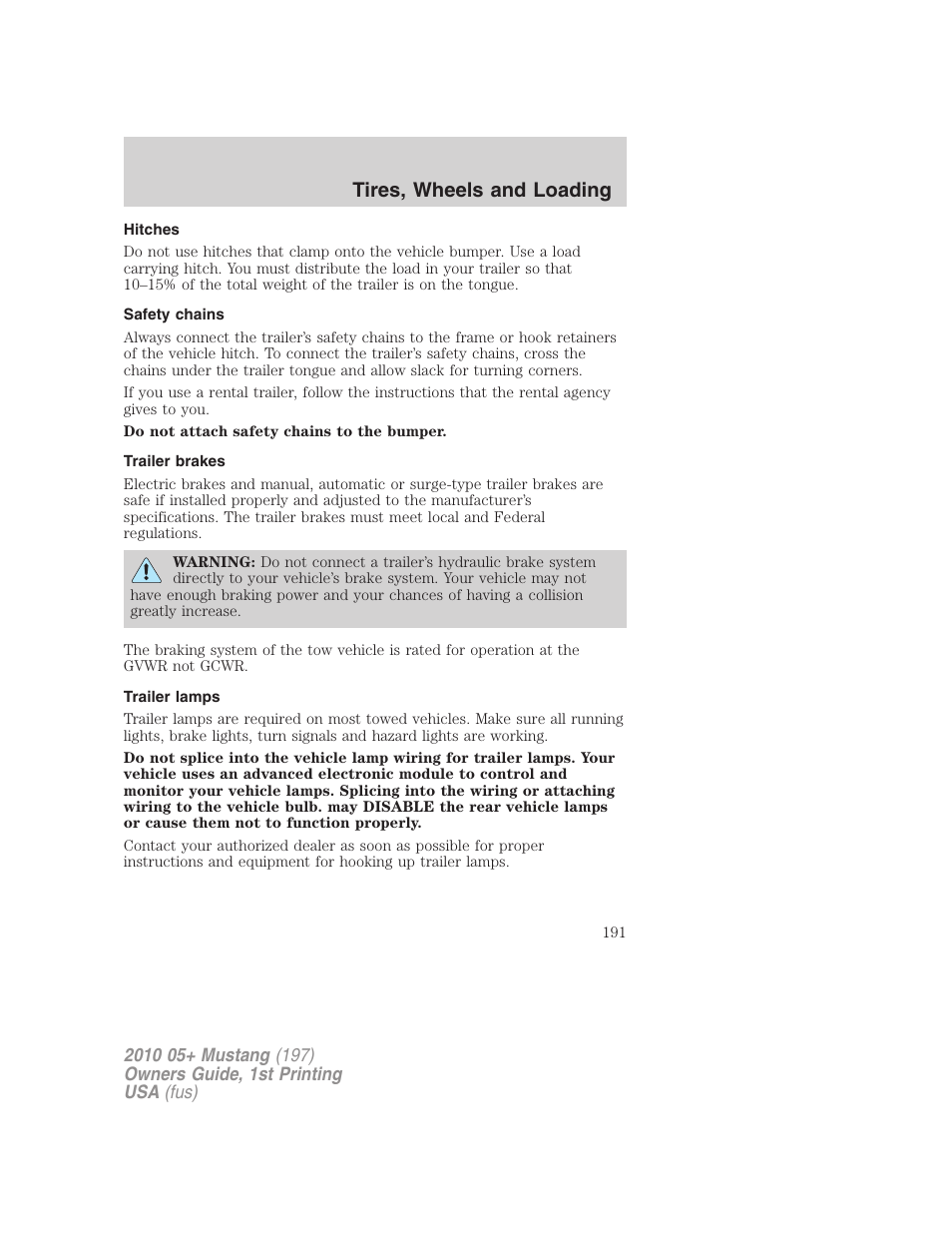 Hitches, Safety chains, Trailer brakes | Trailer lamps, Tires, wheels and loading | FORD 2010 Mustang v.1 User Manual | Page 191 / 318