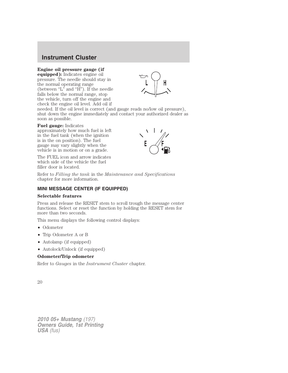 Mini message center (if equipped), Message center, Instrument cluster | FORD 2010 Mustang v.1 User Manual | Page 20 / 318