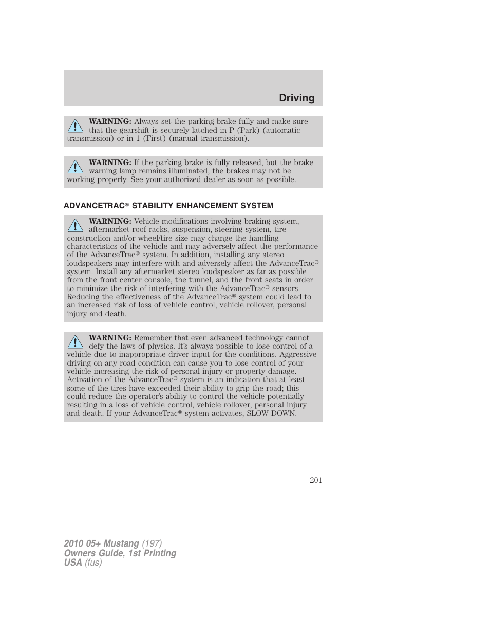 Advancetrac stability enhancement system, Advancetrac, Driving | FORD 2010 Mustang v.1 User Manual | Page 201 / 318