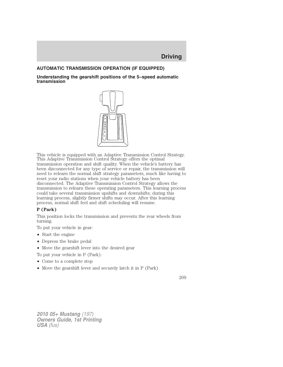 Automatic transmission operation (if equipped), Transmission operation, Driving | FORD 2010 Mustang v.1 User Manual | Page 209 / 318