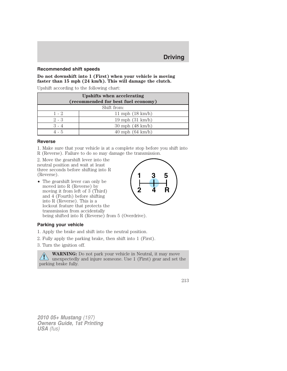 Recommended shift speeds, Reverse, Parking your vehicle | FORD 2010 Mustang v.1 User Manual | Page 213 / 318