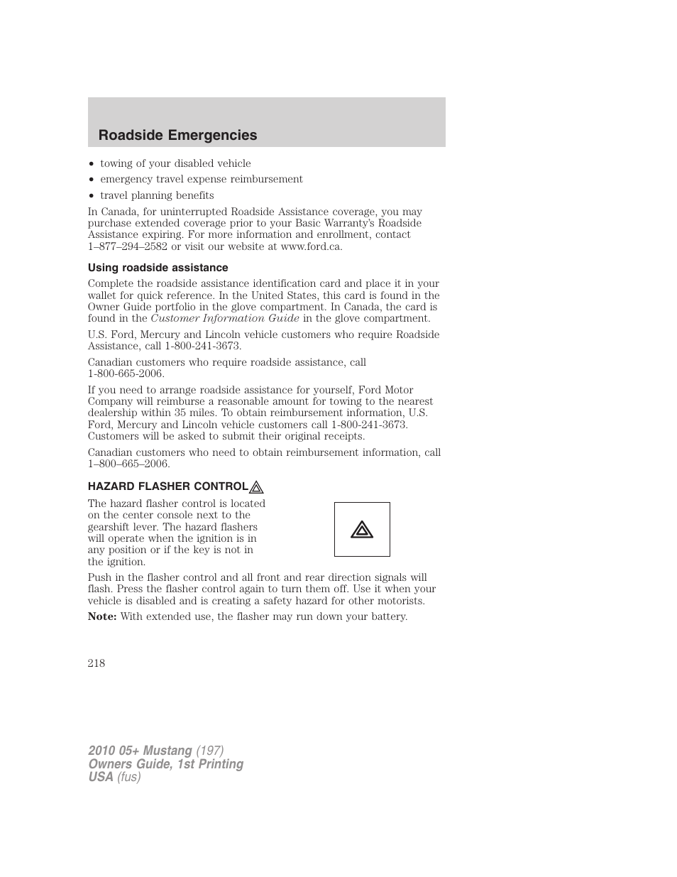 Using roadside assistance, Hazard flasher control, Roadside emergencies | FORD 2010 Mustang v.1 User Manual | Page 218 / 318