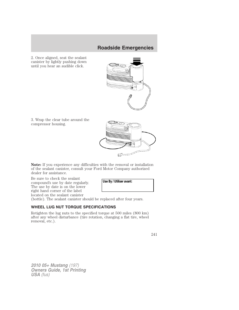 Wheel lug nut torque specifications, Wheel lug nut torque, Roadside emergencies | FORD 2010 Mustang v.1 User Manual | Page 241 / 318