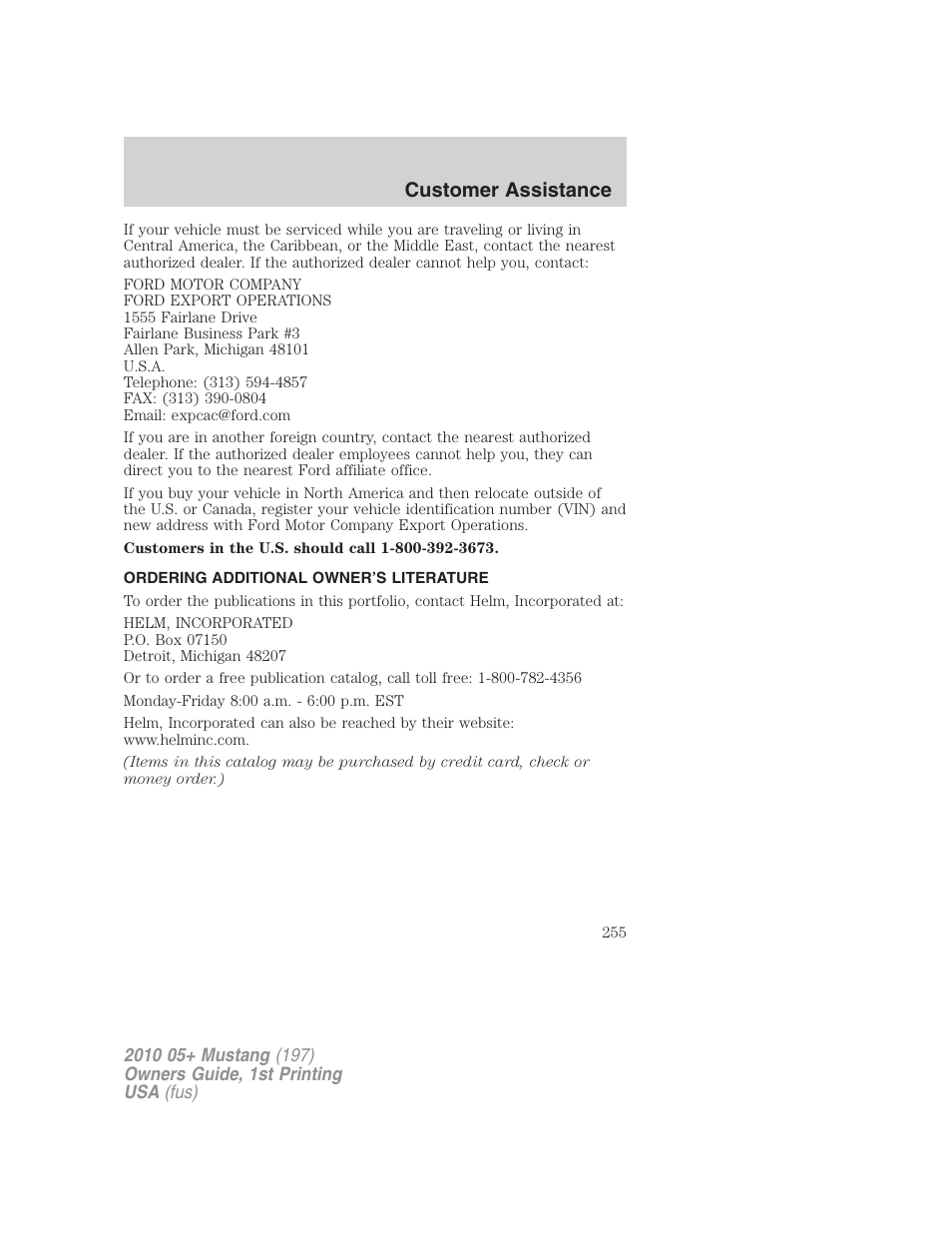 Ordering additional owner’s literature, Customer assistance | FORD 2010 Mustang v.1 User Manual | Page 255 / 318