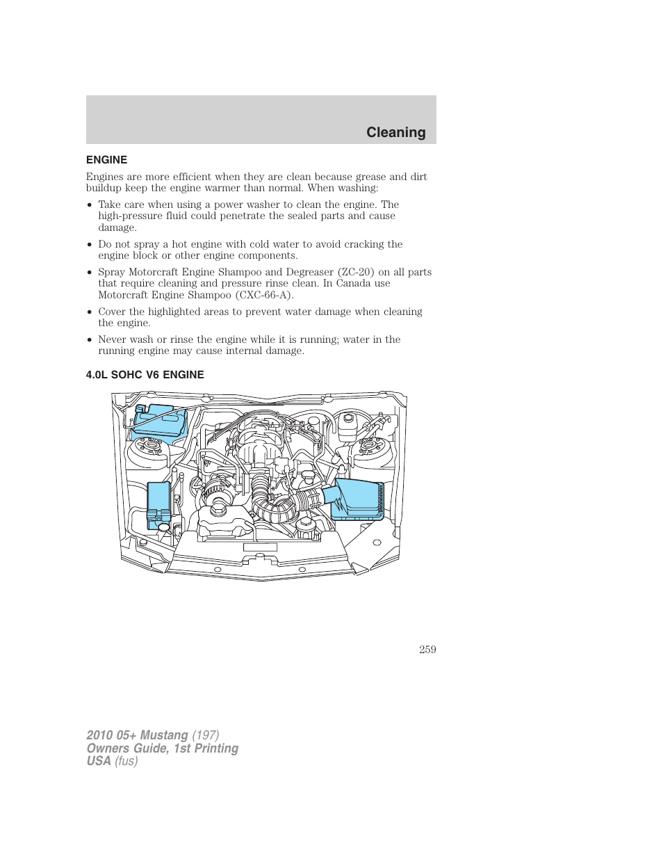 Engine, 0l sohc v6 engine, Cleaning | FORD 2010 Mustang v.1 User Manual | Page 259 / 318