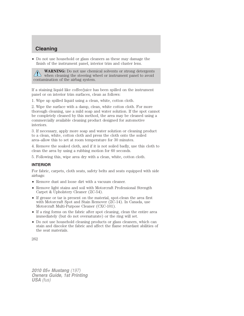 Interior, Cleaning | FORD 2010 Mustang v.1 User Manual | Page 262 / 318