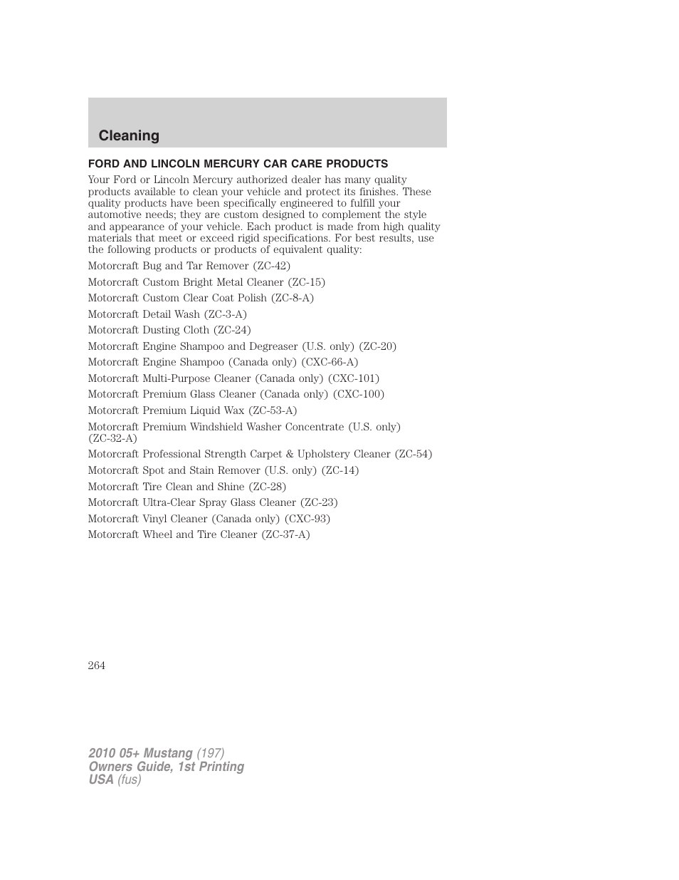 Ford and lincoln mercury car care products, Cleaning | FORD 2010 Mustang v.1 User Manual | Page 264 / 318