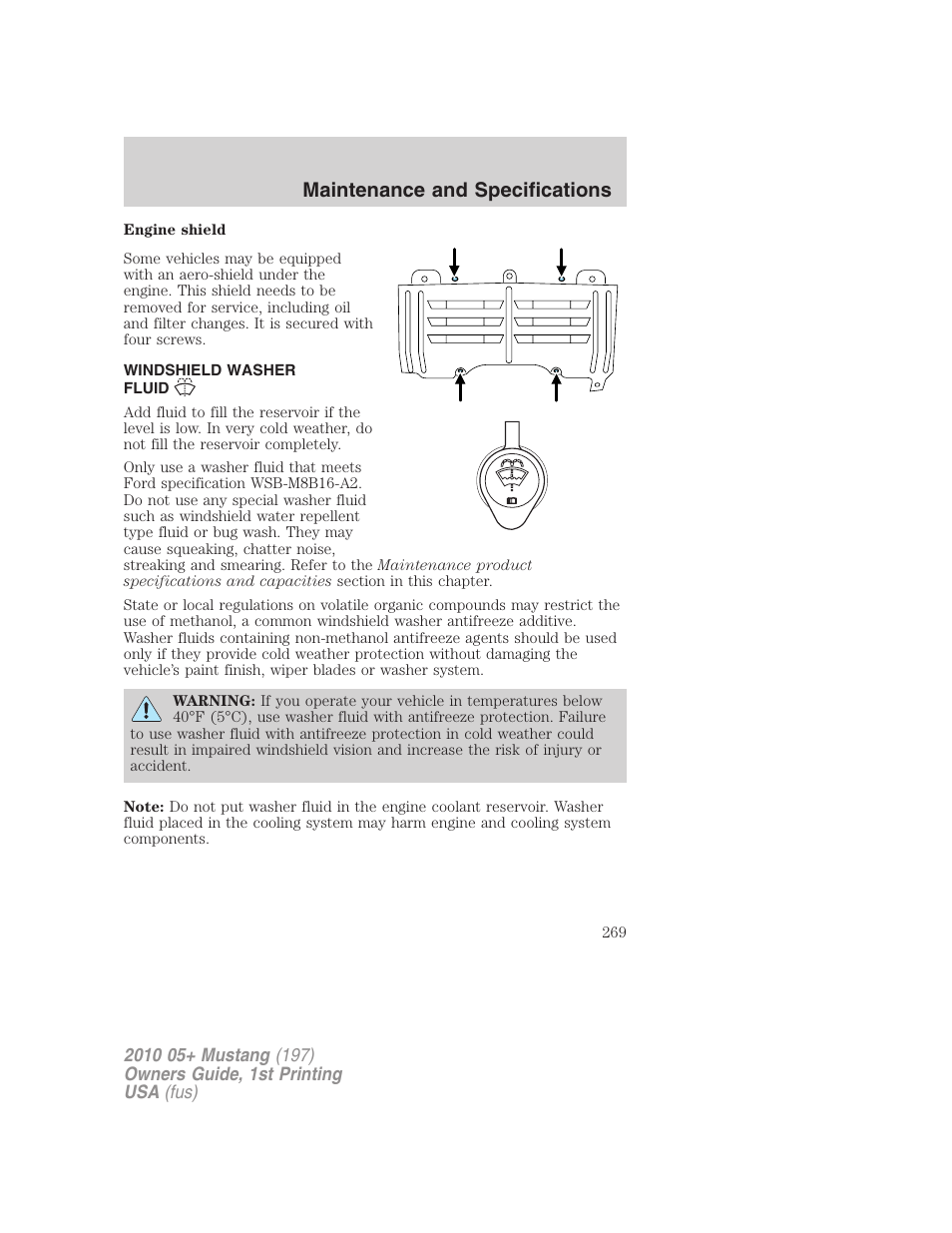 Windshield washer fluid, Maintenance and specifications | FORD 2010 Mustang v.1 User Manual | Page 269 / 318