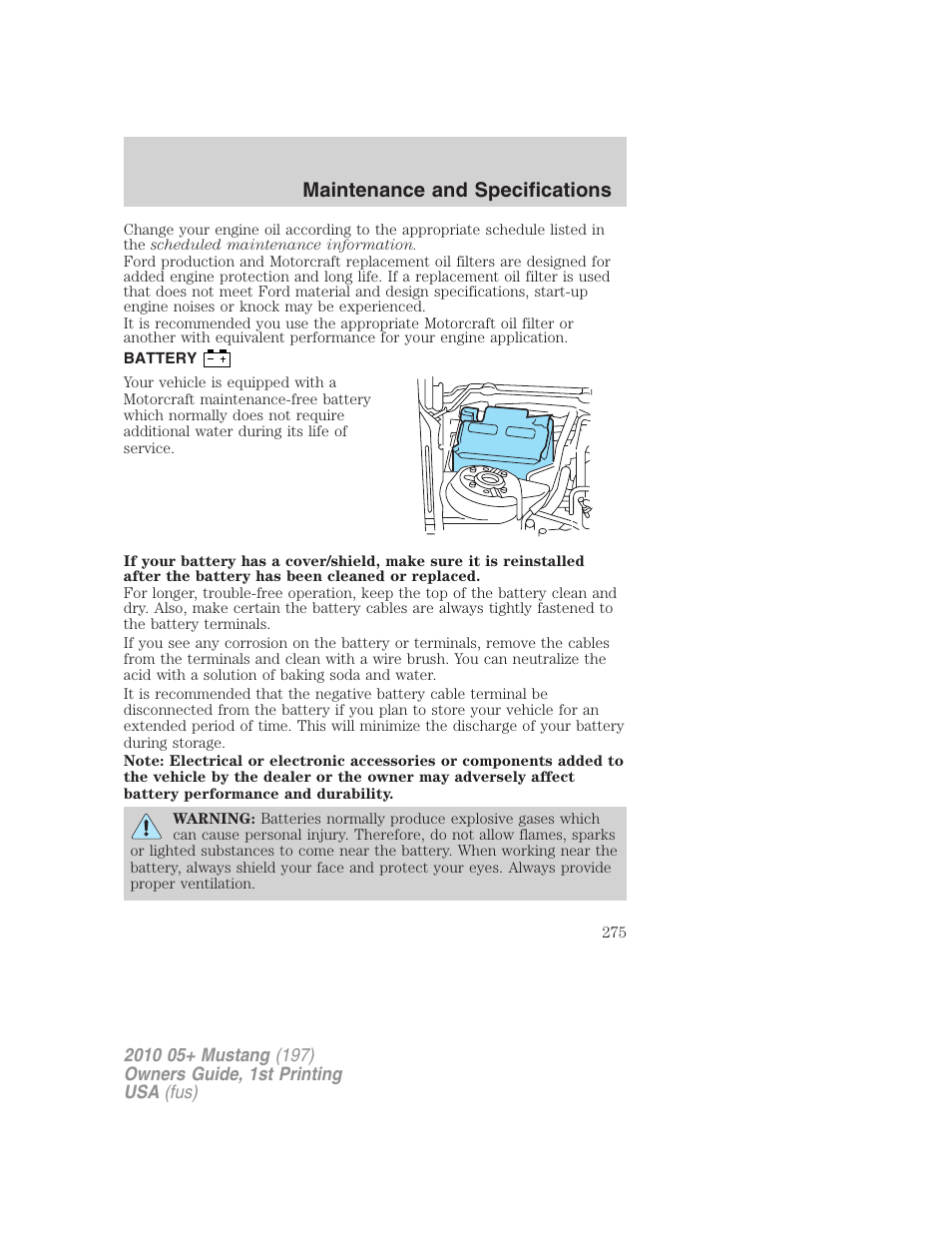 Battery, Maintenance and specifications | FORD 2010 Mustang v.1 User Manual | Page 275 / 318