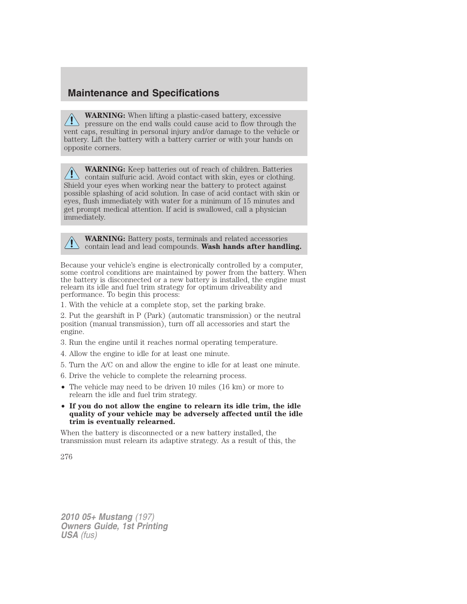 Maintenance and specifications | FORD 2010 Mustang v.1 User Manual | Page 276 / 318