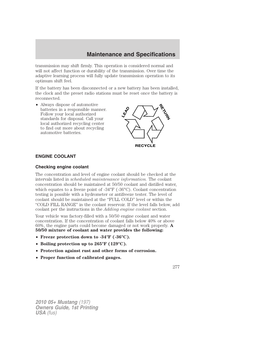 Engine coolant, Checking engine coolant, Maintenance and specifications | FORD 2010 Mustang v.1 User Manual | Page 277 / 318