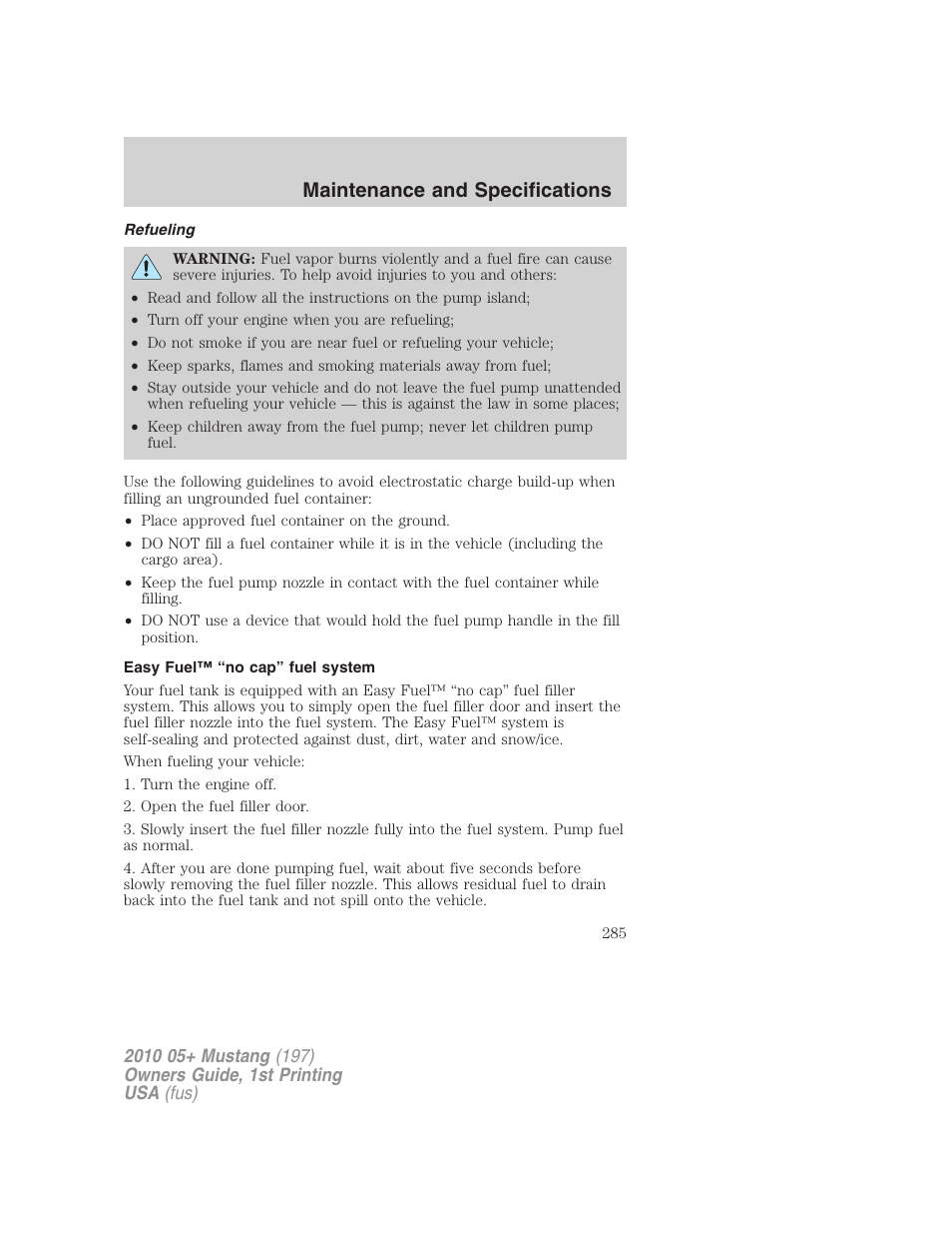 Refueling, Easy fuel™ “no cap” fuel system, Maintenance and specifications | FORD 2010 Mustang v.1 User Manual | Page 285 / 318