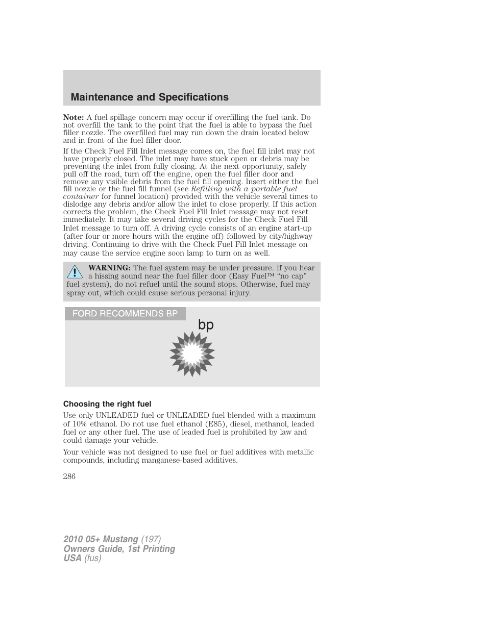 Choosing the right fuel, Maintenance and specifications | FORD 2010 Mustang v.1 User Manual | Page 286 / 318