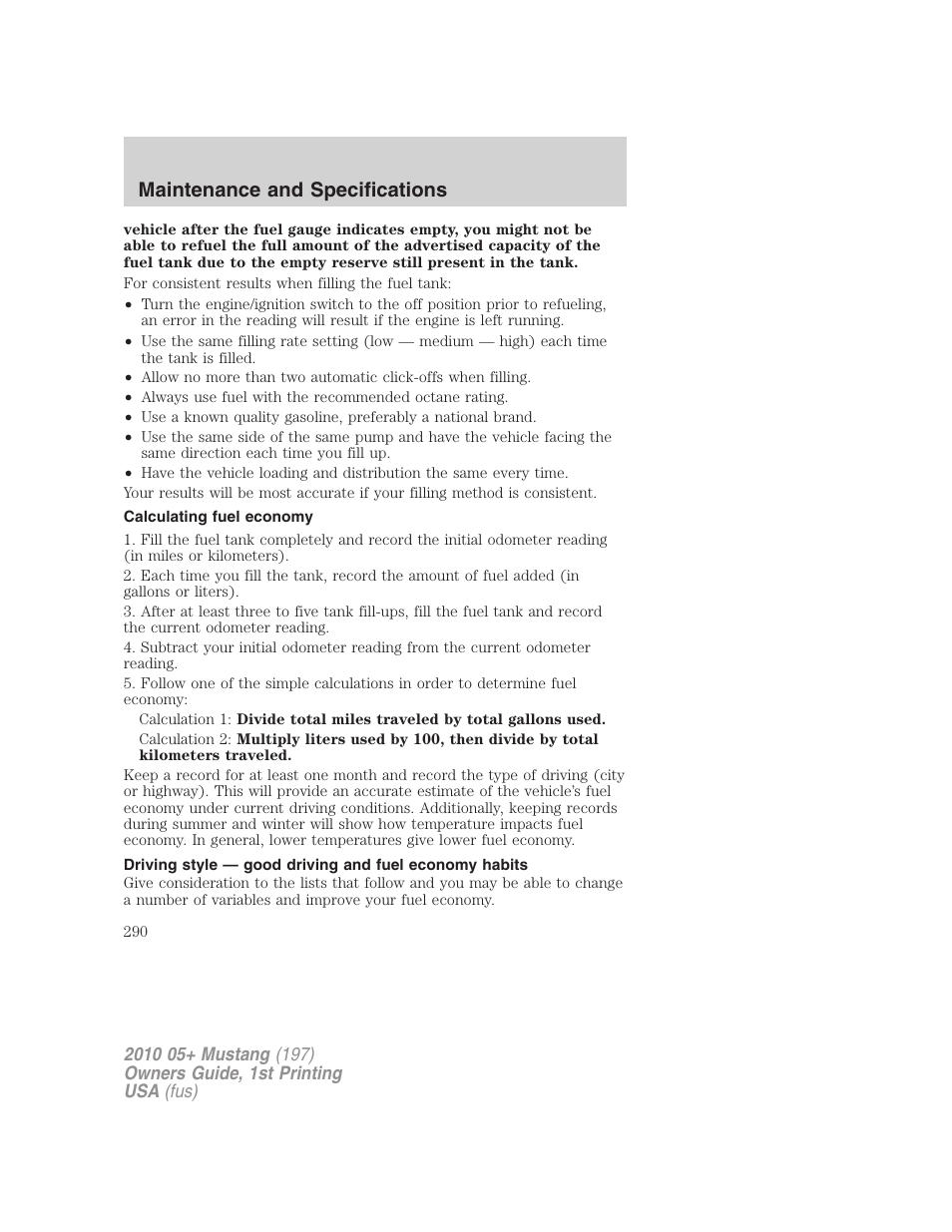 Calculating fuel economy, Maintenance and specifications | FORD 2010 Mustang v.1 User Manual | Page 290 / 318