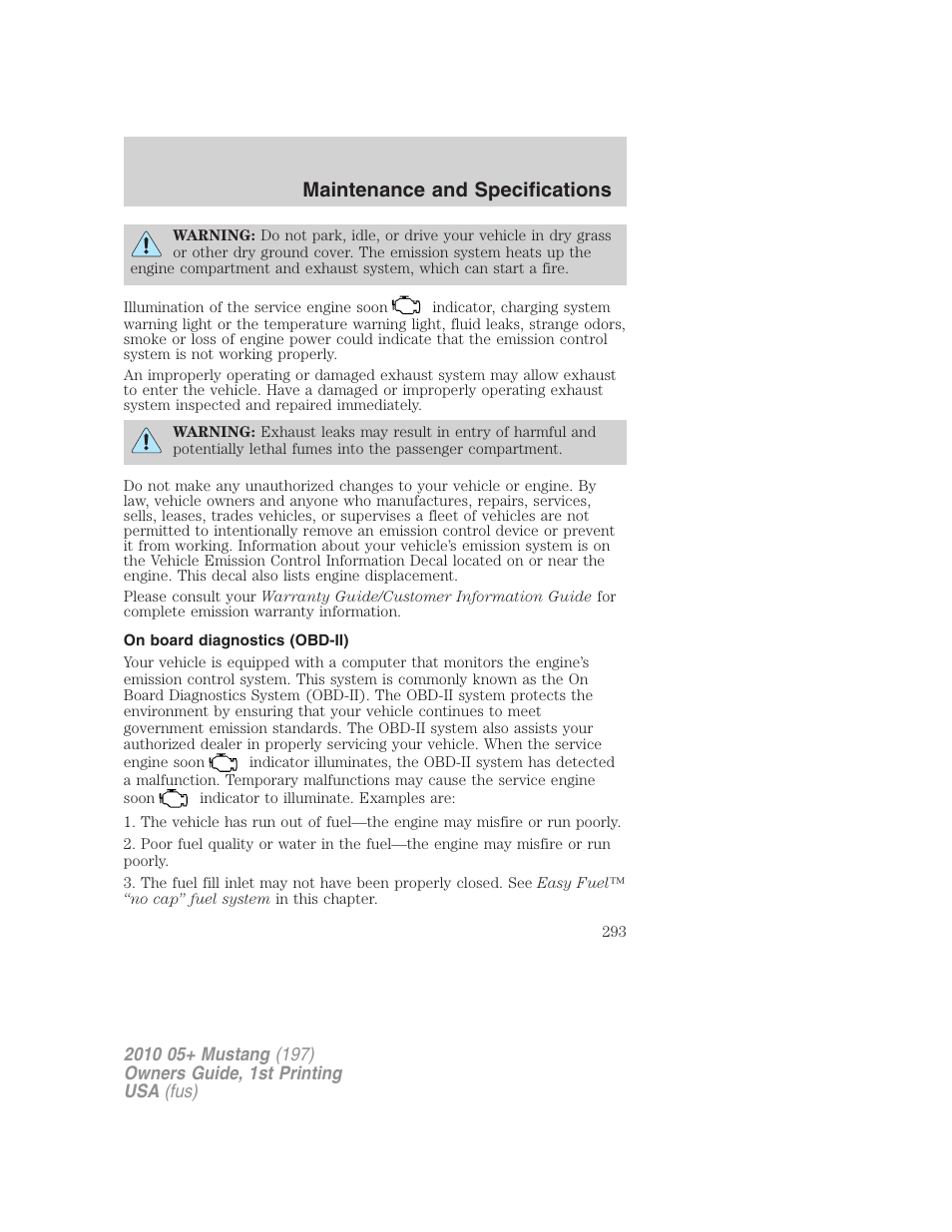 On board diagnostics (obd-ii), Maintenance and specifications | FORD 2010 Mustang v.1 User Manual | Page 293 / 318