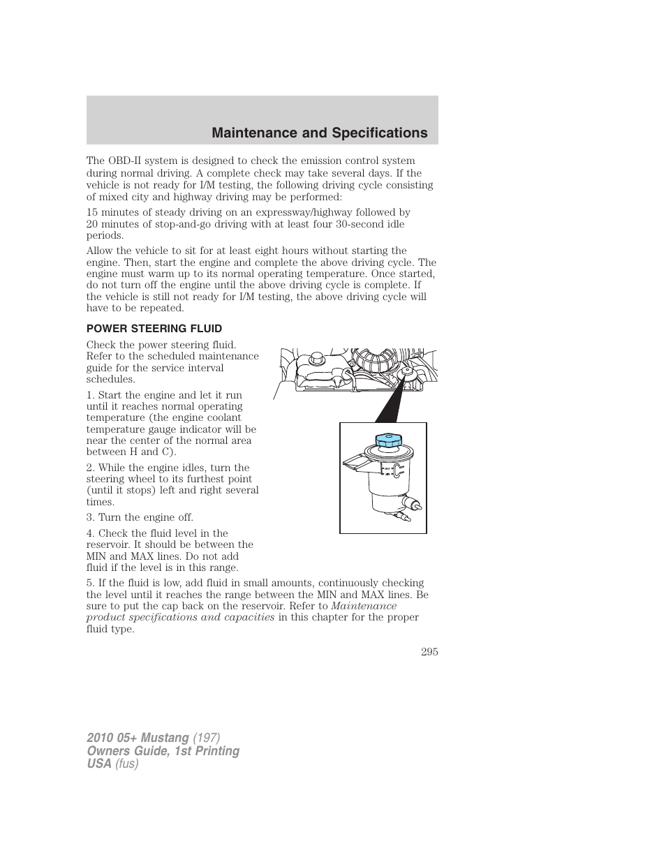 Power steering fluid, Maintenance and specifications | FORD 2010 Mustang v.1 User Manual | Page 295 / 318