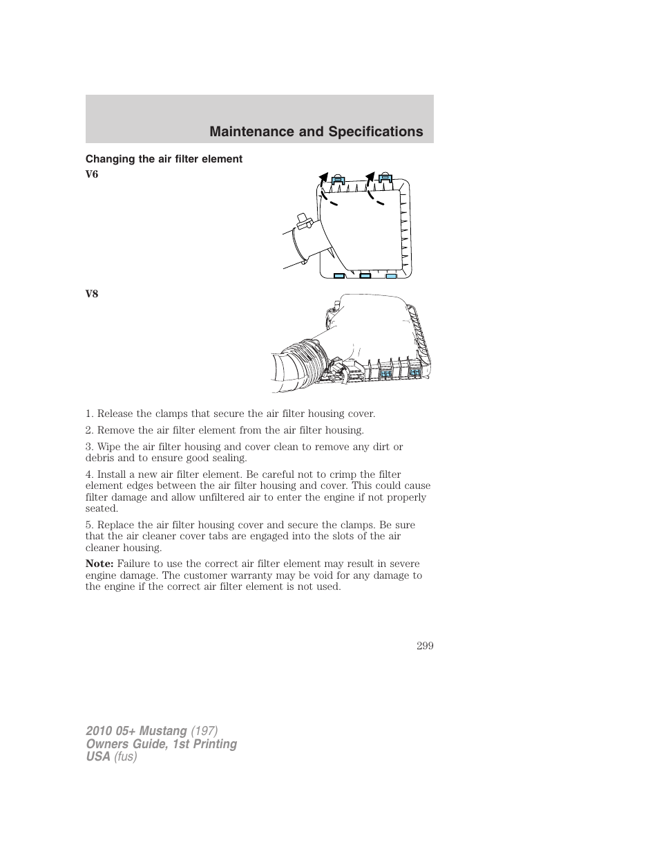 Changing the air filter element, Maintenance and specifications | FORD 2010 Mustang v.1 User Manual | Page 299 / 318