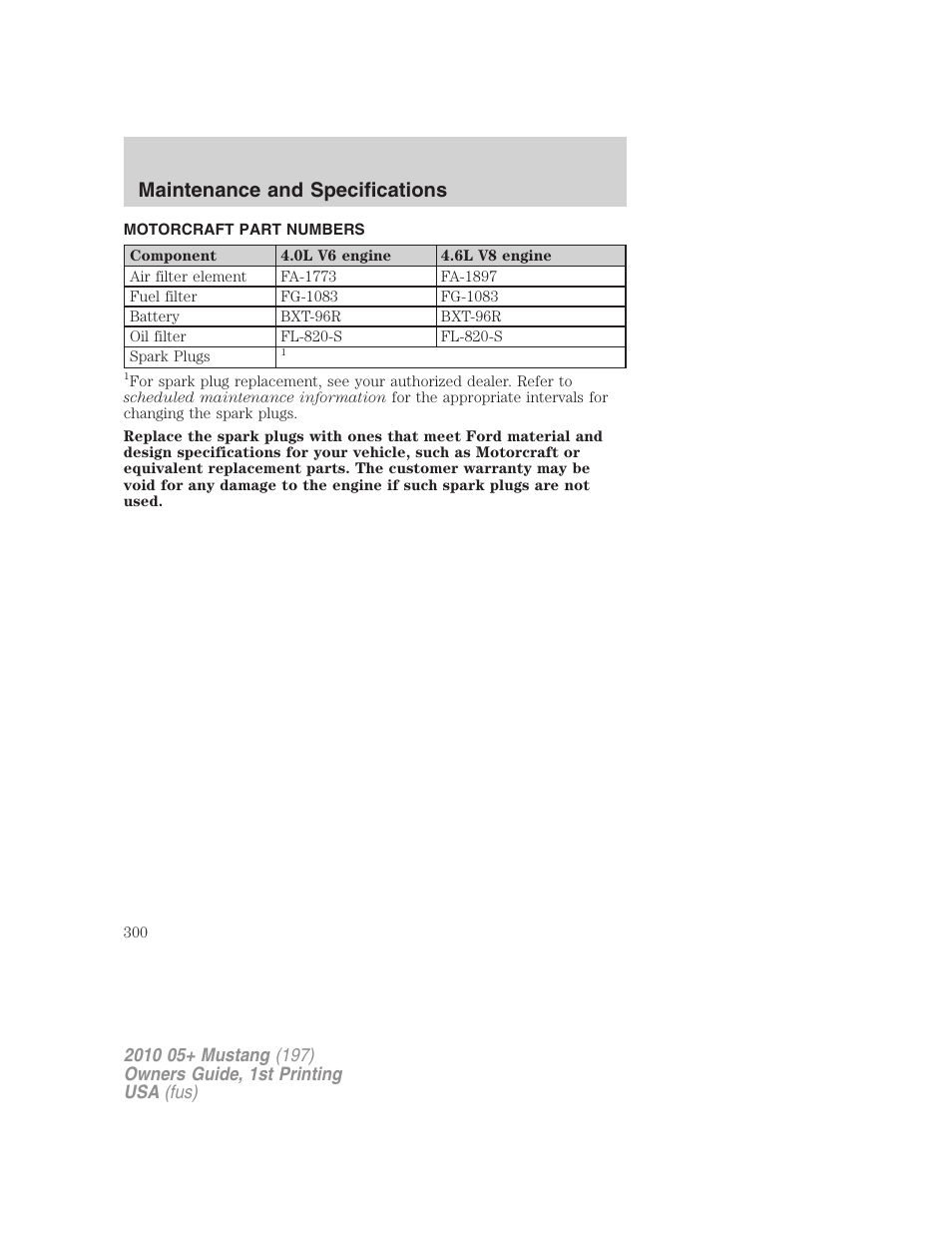 Motorcraft part numbers, Part numbers, Maintenance and specifications | FORD 2010 Mustang v.1 User Manual | Page 300 / 318