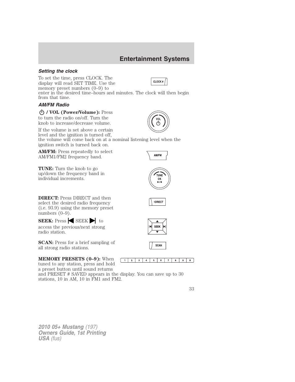 Setting the clock, Am/fm radio, Entertainment systems | FORD 2010 Mustang v.1 User Manual | Page 33 / 318