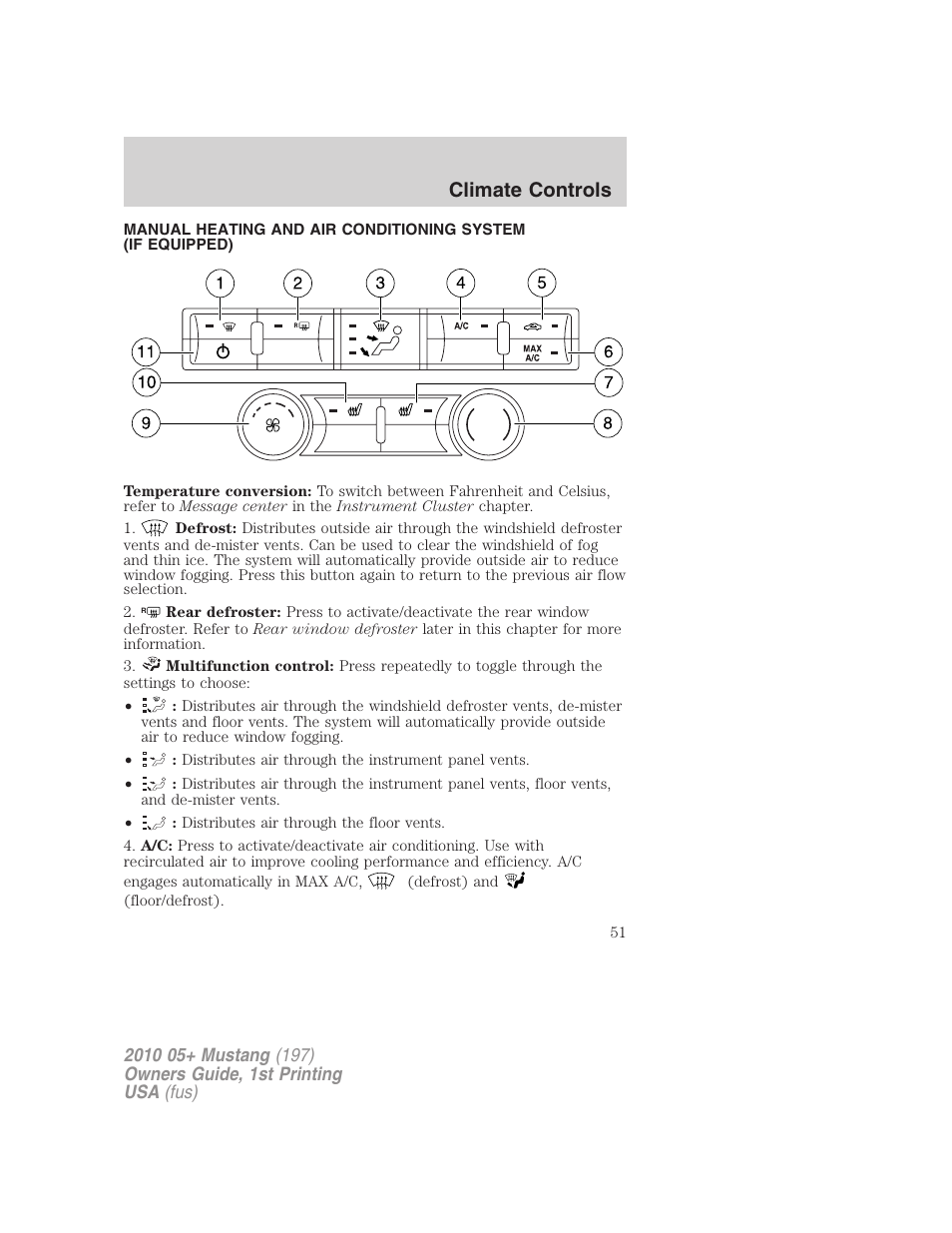 Climate controls, Manual heating and air conditioning | FORD 2010 Mustang v.1 User Manual | Page 51 / 318