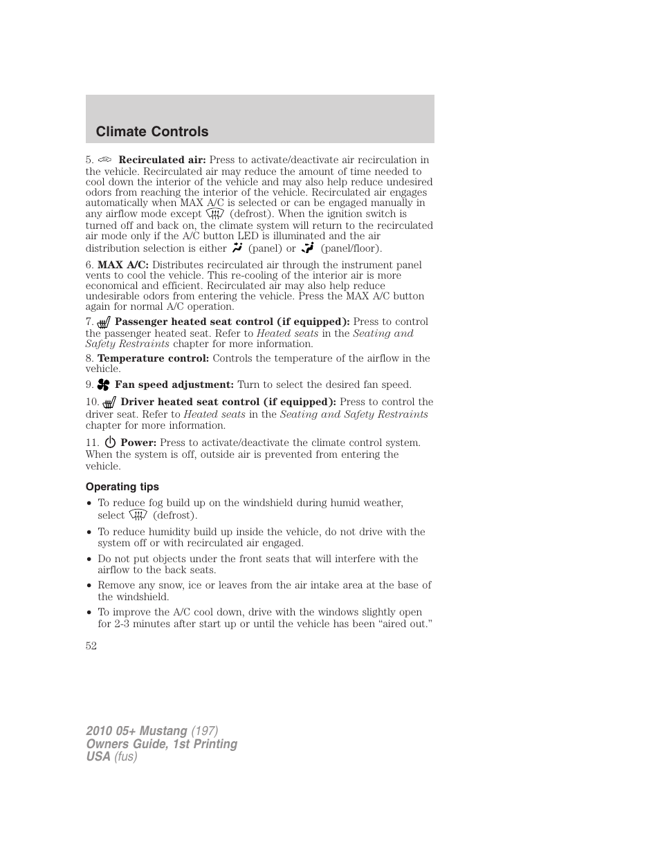 Operating tips, Climate controls | FORD 2010 Mustang v.1 User Manual | Page 52 / 318