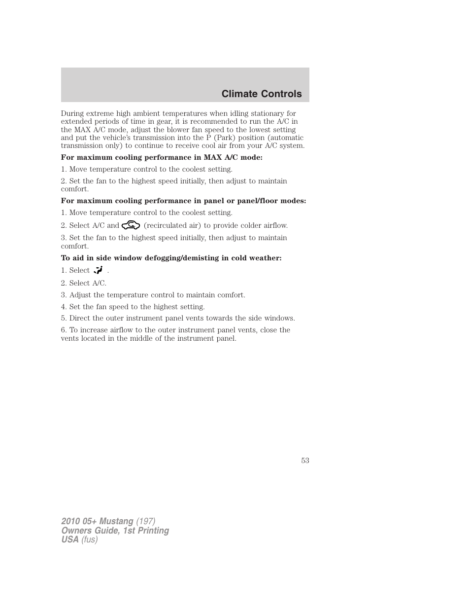 Climate controls | FORD 2010 Mustang v.1 User Manual | Page 53 / 318