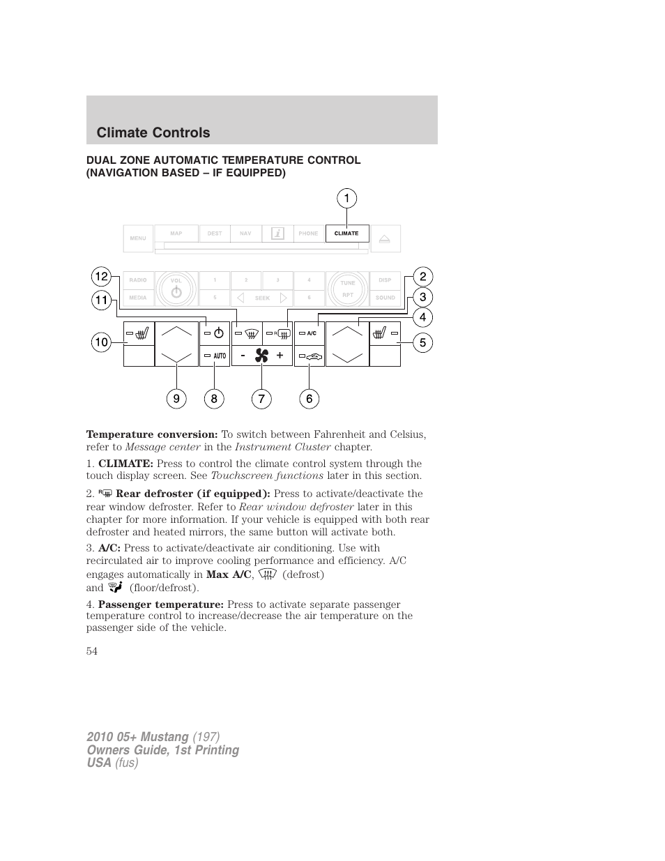 Navigation system based climate control, Climate controls | FORD 2010 Mustang v.1 User Manual | Page 54 / 318