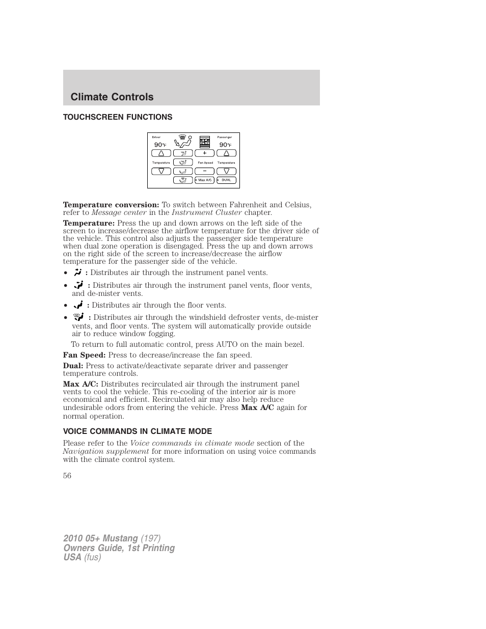 Touchscreen functions, Voice commands in climate mode, Climate controls | FORD 2010 Mustang v.1 User Manual | Page 56 / 318