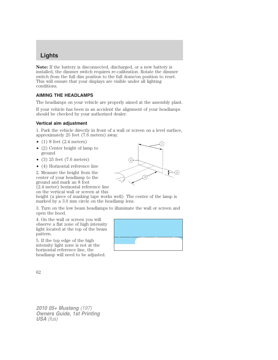 Aiming the headlamps, Vertical aim adjustment, Lights | FORD 2010 Mustang v.1 User Manual | Page 62 / 318