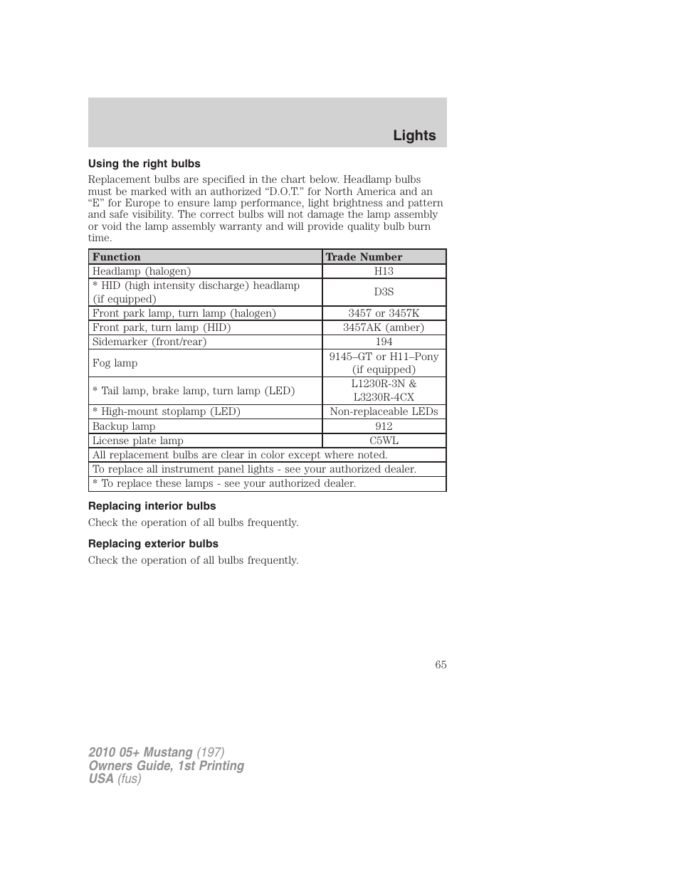 Using the right bulbs, Replacing interior bulbs, Replacing exterior bulbs | Lights | FORD 2010 Mustang v.1 User Manual | Page 65 / 318